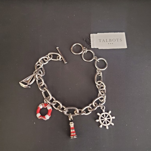 Talbots Nautical Charm Bracelet Silver Tone with Red & White Enamel Accents NWT - Picture 1 of 7